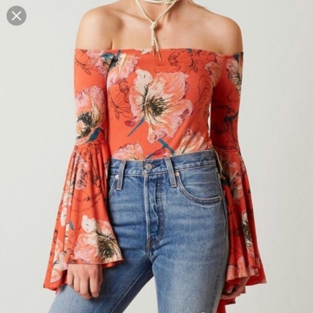 Free People Floral Off Shoulder Bell Sleeve Top